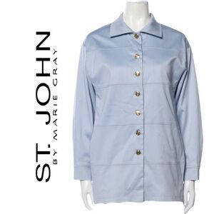 Vintage St John Light Blue Long Jacket Stretch Cotton Gold Logo Buttons Rare